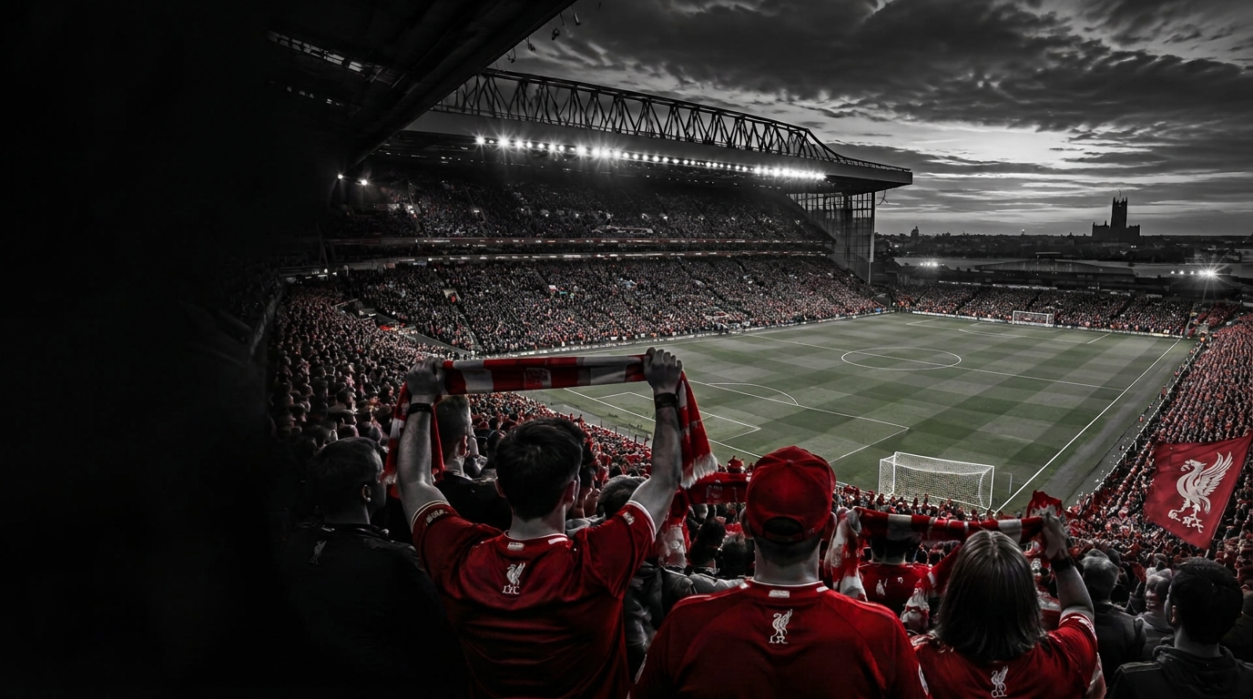 Liverpool-supportrar i röda tröjor på Anfield